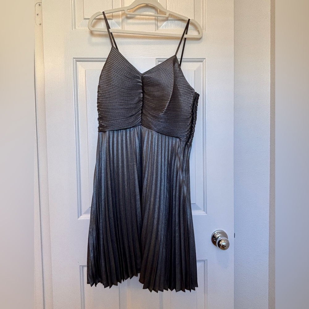 Express Sparkling Silver Pleated Mini Dress with Elegant Back Bow detail